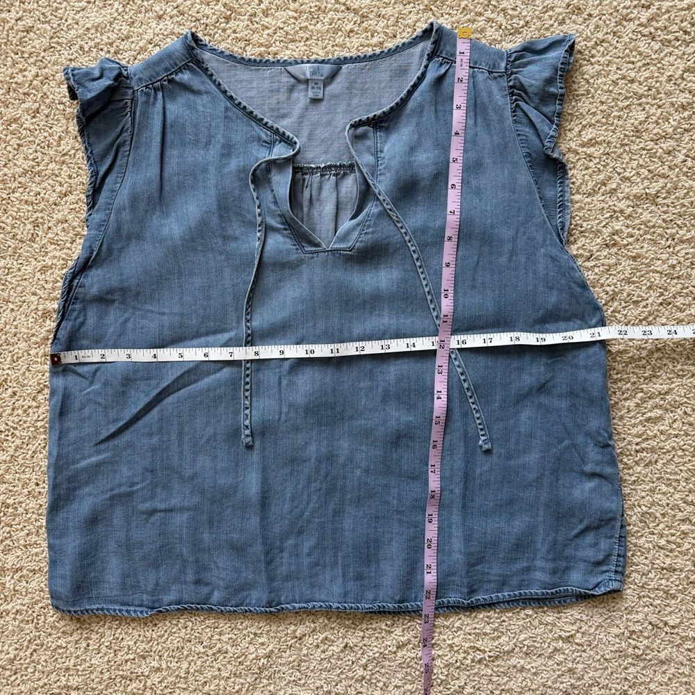 Chambray Flutter Sleeve Top with Tie Neckline Blue Size Medium - Picture 3 of 6